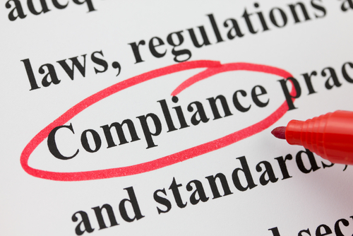 Image of word 'compliance' circled in red, surrounded by words 'laws', 'regulations'.